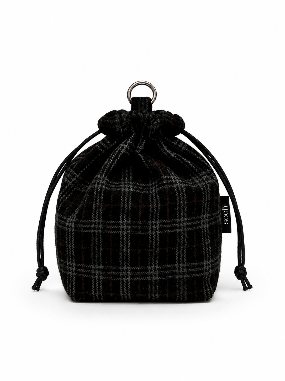 P.001/Plaid Drawstring Cinch Pouch Bag - Black